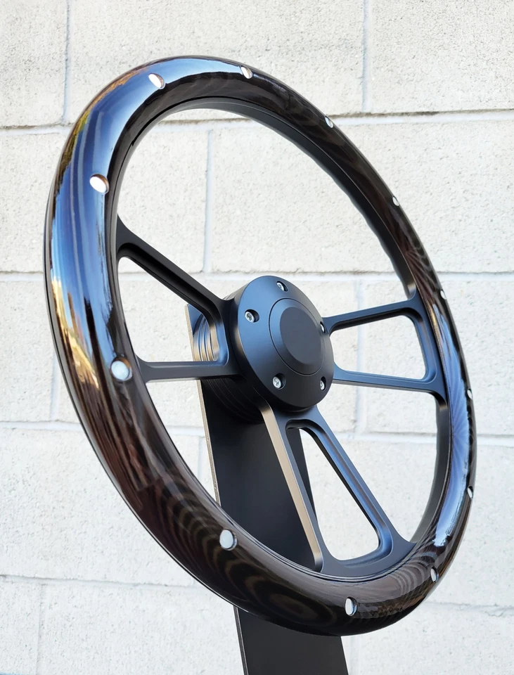 Volante Billet Negro 14" Madera Aluminio Remaches 1974-94 C10 Pickup+ Adaptador Foto 3 de 4