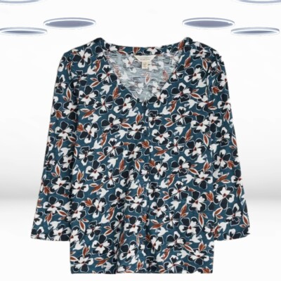 Ex Seasalt Damen 3/4 Arm bedrucktes Top in blau Vogel Blume