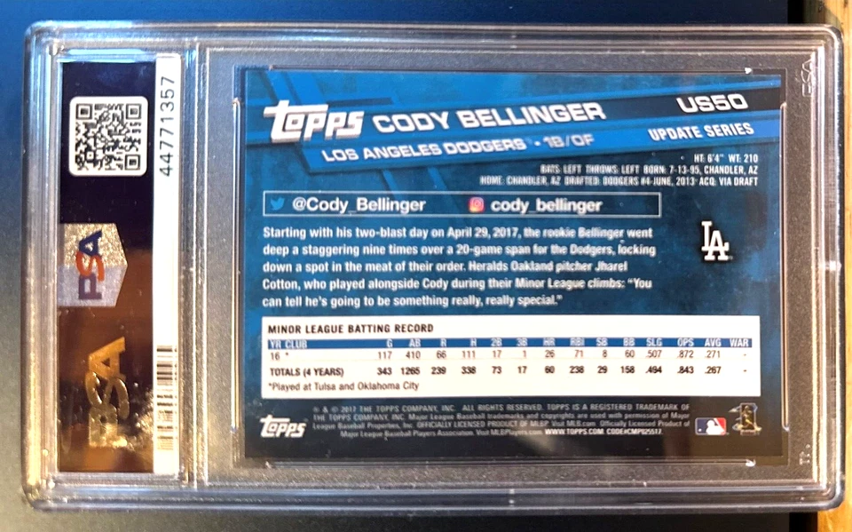 2017 Topps Update US50 Cody Bellinger Swinging PSA GM MT 10 RC Los Angeles Dodge - Image 2 of 2