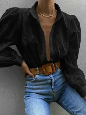 #ad Women#x27;s Eyelet Embroidered Long Sleeve Top With Button Closure $28.99