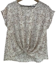 Olive & Oak Large LG L Top Blouse Cap Sleeve Cream Leopard Print