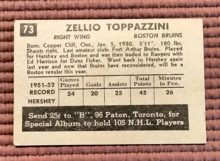 Zellio Jerry Toppazzini #73 Parkhurst Hockey Card  - Image 2 of 2