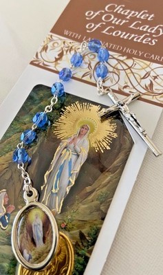 Chaplet Our Lady of Lourdes Blue Beads with Holy Prayer Card Catholic Gifts