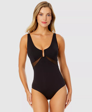 Anne Cole Womens Size 16 U-Ring Mesh-Inset One-Piece Swimsuit in Black 98 2256