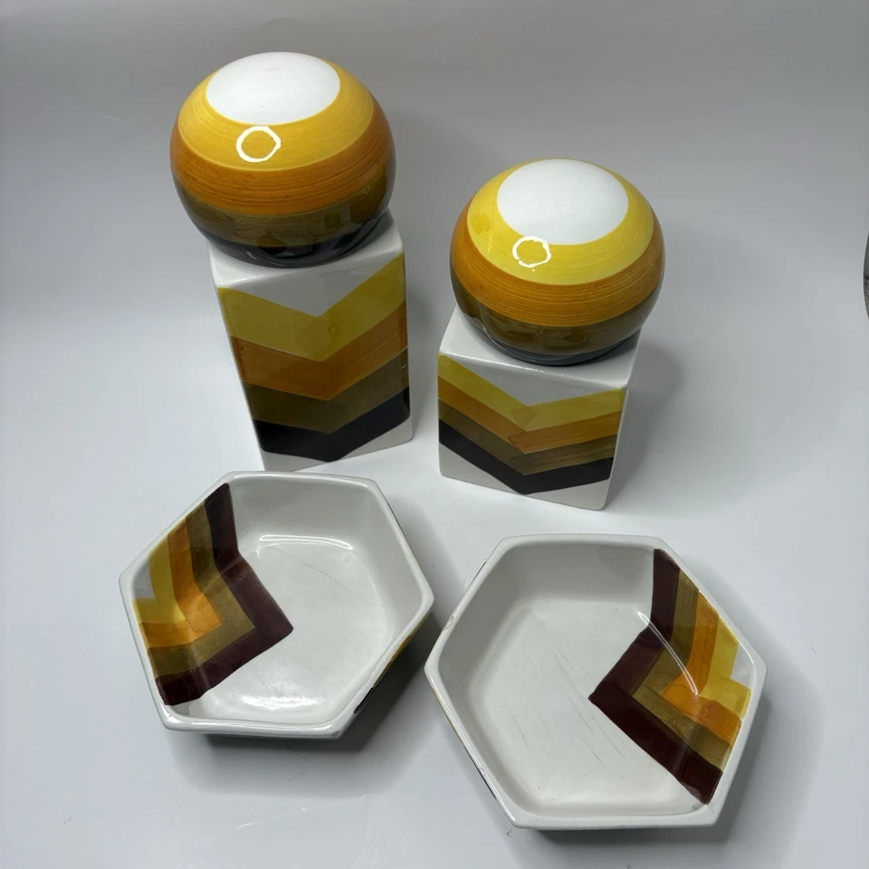 Italian Pottery Set Canisters And Bowls Yellow Orange Brown Chevron MCM Vintage - Image 2 of 4