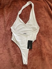 Fashion Nova Karol Halter Bodysuit White Ribbed Size L NWT Deep V Snap Closure
