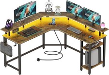 L-Shaped Gaming Desk with LED Lights, Power Outlets, Corner Computer Desk with S