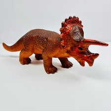 Vintage Triceratops 11-12  Long Orange Brown PVC Plastic Squeezable Dinosaur