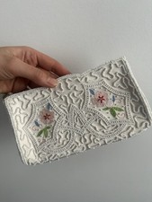 Vintage Ivory White Beaded Floral Embroidered Clutch Pouch Satin Made in Japan