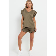 Tracksuit Khaki S/M Ladies V Neck Frill Peplum Sleeve Top  Short Set SoftJersey