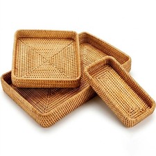 Rattan Serving Tray Set of 3, Rectangular Woven Tray, Natural Wicker Decorati...
