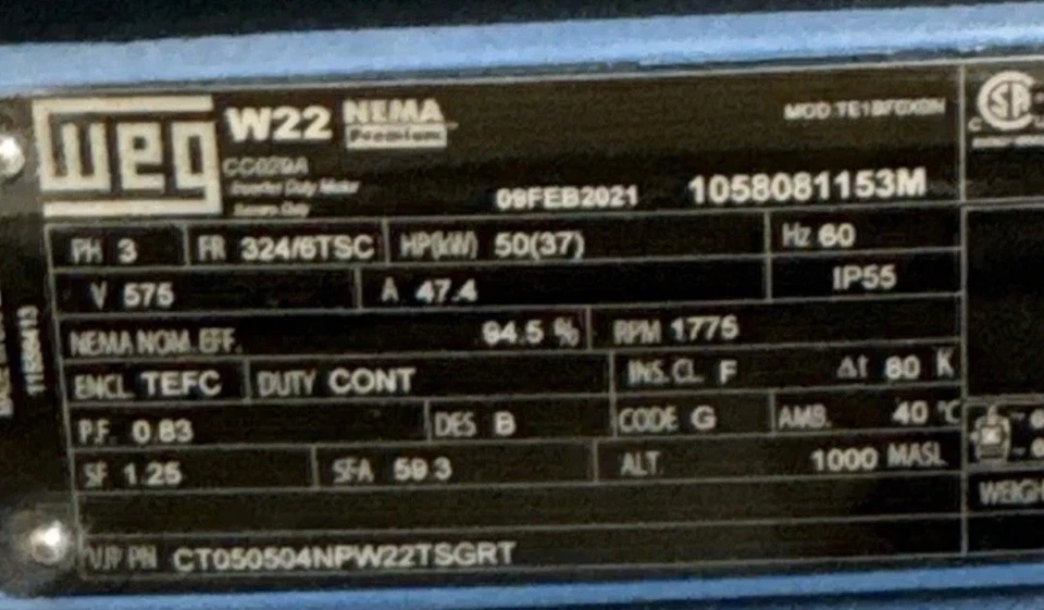 WEG W22 50 HP Motor 3 Phase 575 Volts 47A 1775 RPM W/Aegis can arrange shipping - Image 3 of 4