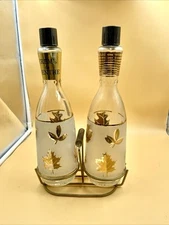 2 Libbey Gold Leaf Bottles -  12" Tall In Caddy