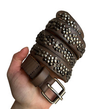 Vintage Brown Leather Studded Belt Floral Metal Rivet Punk Western Rare Statemen