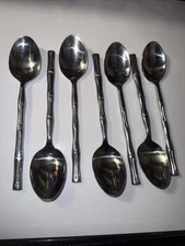 Seven soup spoons set Hampton Silversmith bamboo stainless steel 8 inch vintage