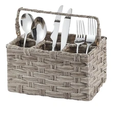 Light Gray Wicker Silverware Caddy with Handle Plastic Utensil Holder