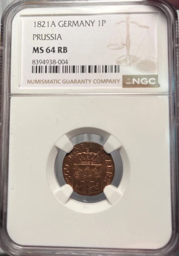 1821 A German States Prussia 1 Pfennig, NGC MS 64 RB POP 2 TOP POP