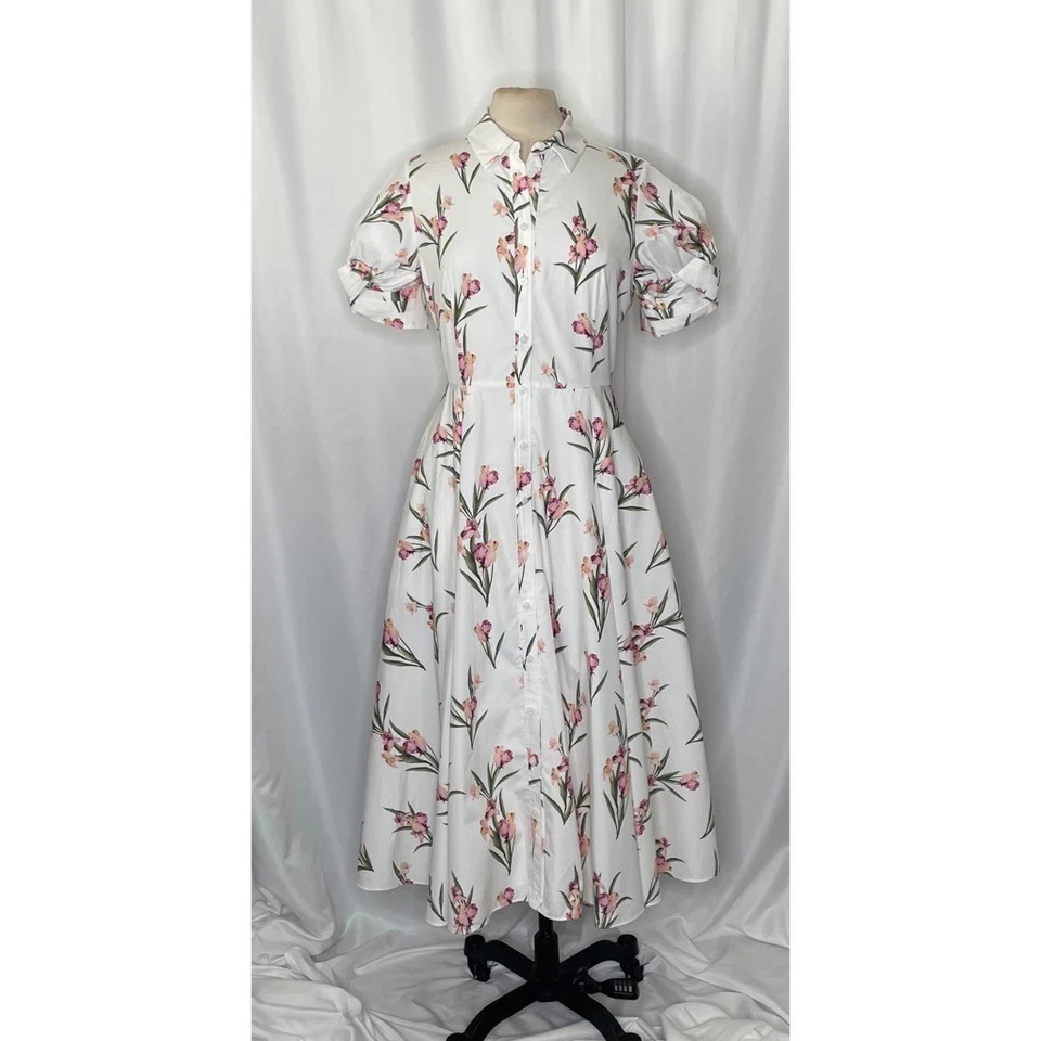 TED BAKER London Floral Puff Sleeve Midi Shirtdress Shirt Dress Ultra White 8 - Image 2 of 4
