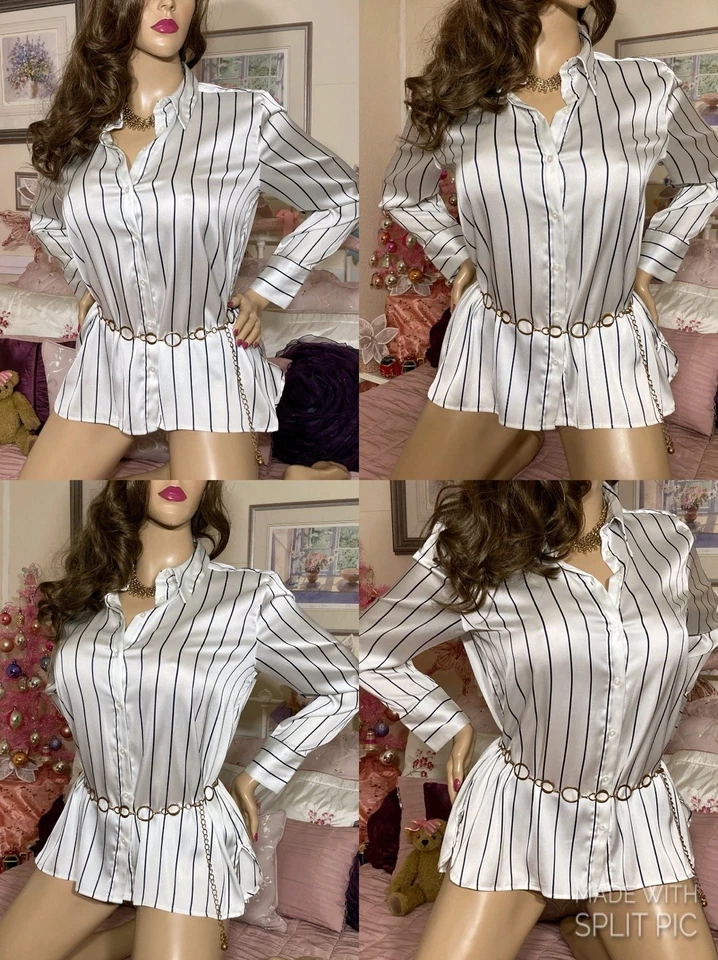 HIGH GLOSS WET LOOK MIRROR SHINE LIQUID SATIN Sexy Secretary Mistress Blouse L - Image 2 of 4