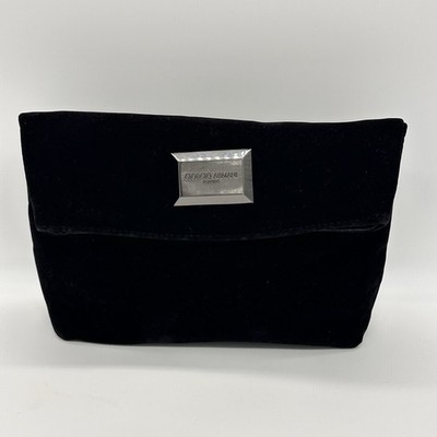 Auth Giorgio Armani Black Velvet Cosmetic Clutch Case Makeup Elegant Evening Bag