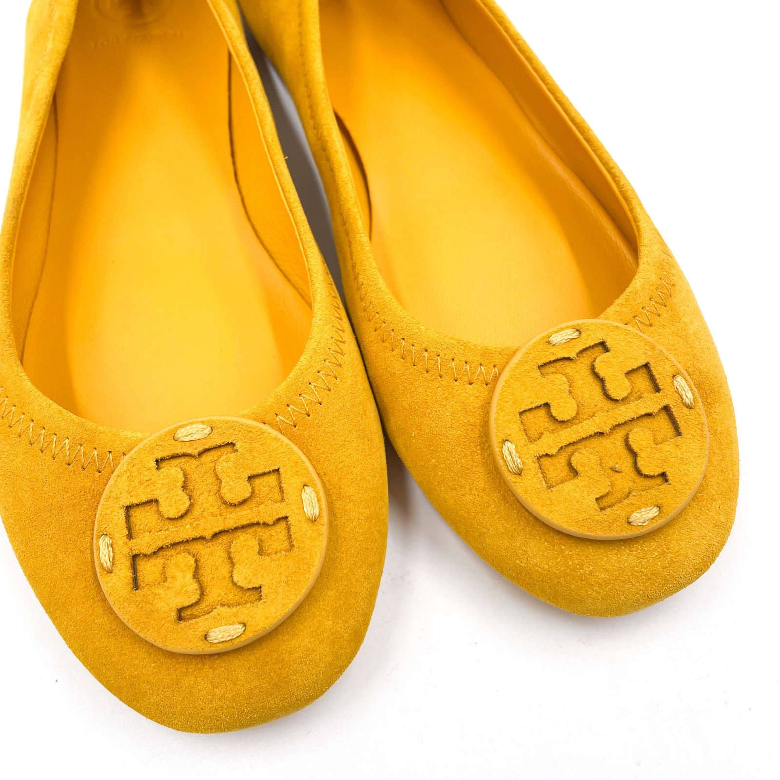 Tory Burch Minnie Travel Ballet Flats Gold Crest Suede Leather Logo Yellow Sz 7 thumbnail 5