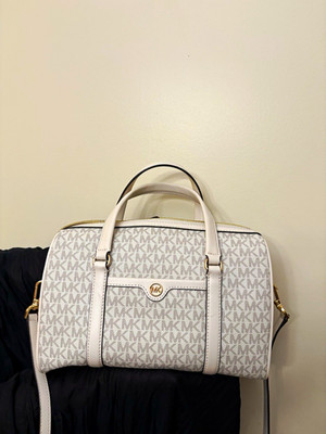 Michael Kors MK Logo White/Gray Satchel Top Handle Zip Bag w/ Detachable Strap