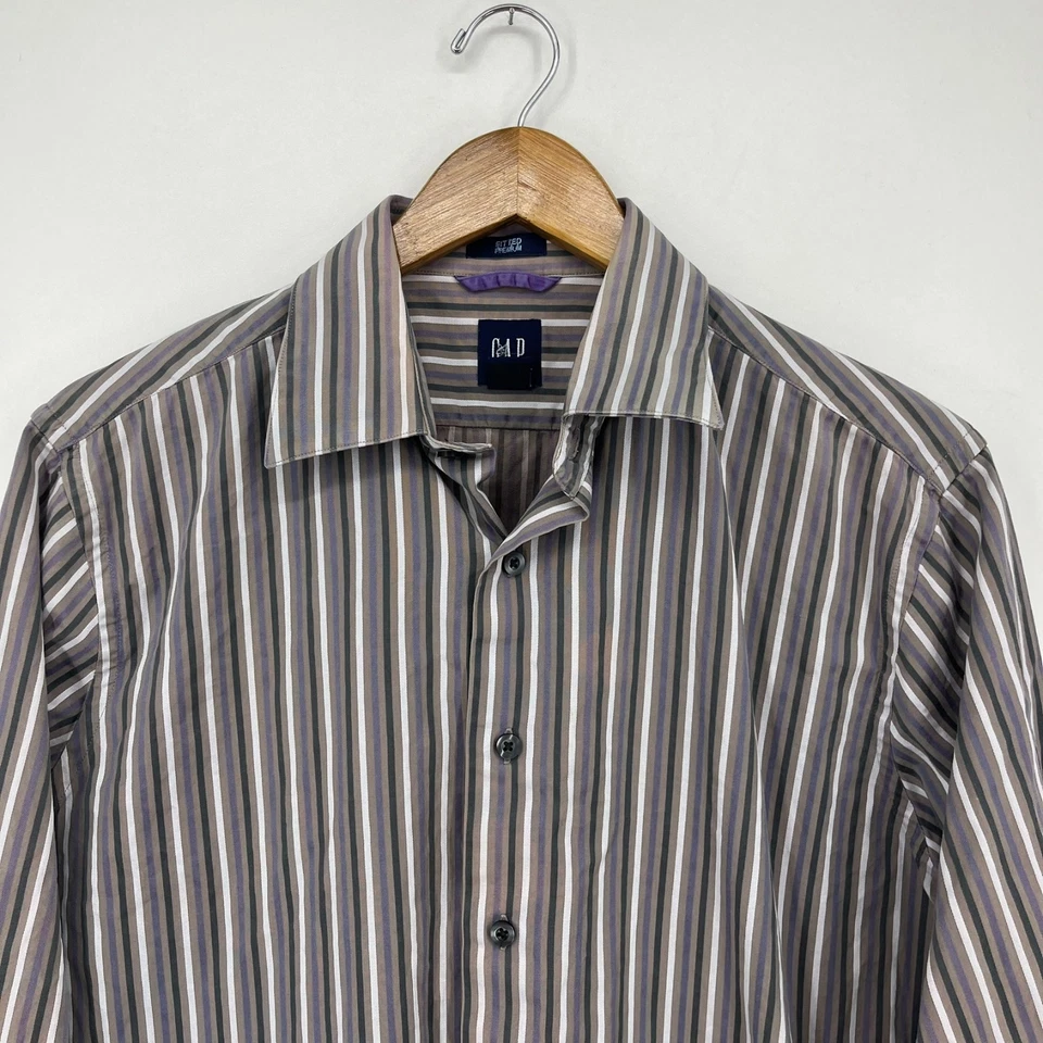 Gap Long Sleeve Button Shirt Men's M Gray Purple Vertical Striped Vtg Y2K Cotton - Image 2 of 4
