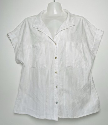 Dear John White metallic folded cuff sleeves Boxy Collared Button front shirt L