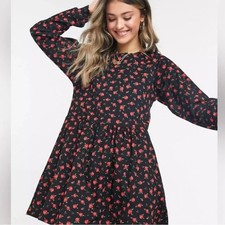 ASOS Miss Selfridge Long Sleeve Mini Dress in Black Red Floral Sz 10