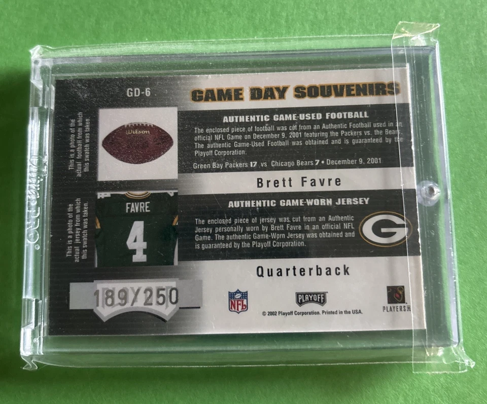Playoff Honors Brett Favre Game Day Souvenirs 2002 GD-6 189/250 HOF 2016 Foto 4 de 4