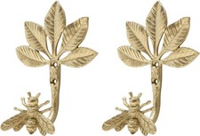 SOFFEE DESIGN Set of 2 Wall Mounted Metal Coat Hooks, Gold Bee Golden Leaf