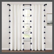 84"x52" Boho Faux Linen Texture Tassel Rod Pocket Window Curtain Panels Navy
