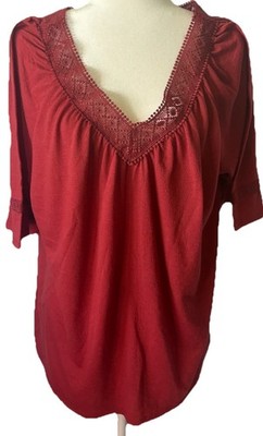 Indigo Rose Boho Crochet Lace V-Neck Blouse Red Plus Size 1X Flutter Sleeve