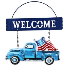Metal Hanging Welcome Sign Blue Truck with American Flag Patriotic Porch Decor