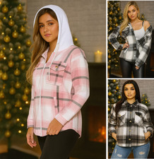 Womens ladies Check Brushed Fleece Casual Hooded Jacket Shacket Top Shirt Coat