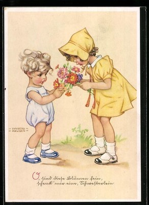 Artist postcard Ilse Wende-Lungershausen: O, the flowers are fine, give me one, 