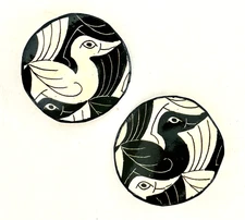 VINTAGE HANDPAINTED ART CLIP-ON EARRINGS M.C. ESCHER DUCKS DESIGN BLACK & WHITE