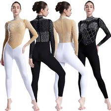 Womens Jumpsuit Ballet Bodysuit Figure Ice Skating Rompers Unitard Glittery