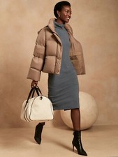 Banana Republic Ribbed Mock-Neck Midi Dress,Heather Charcoal SIZE ST S T #745956