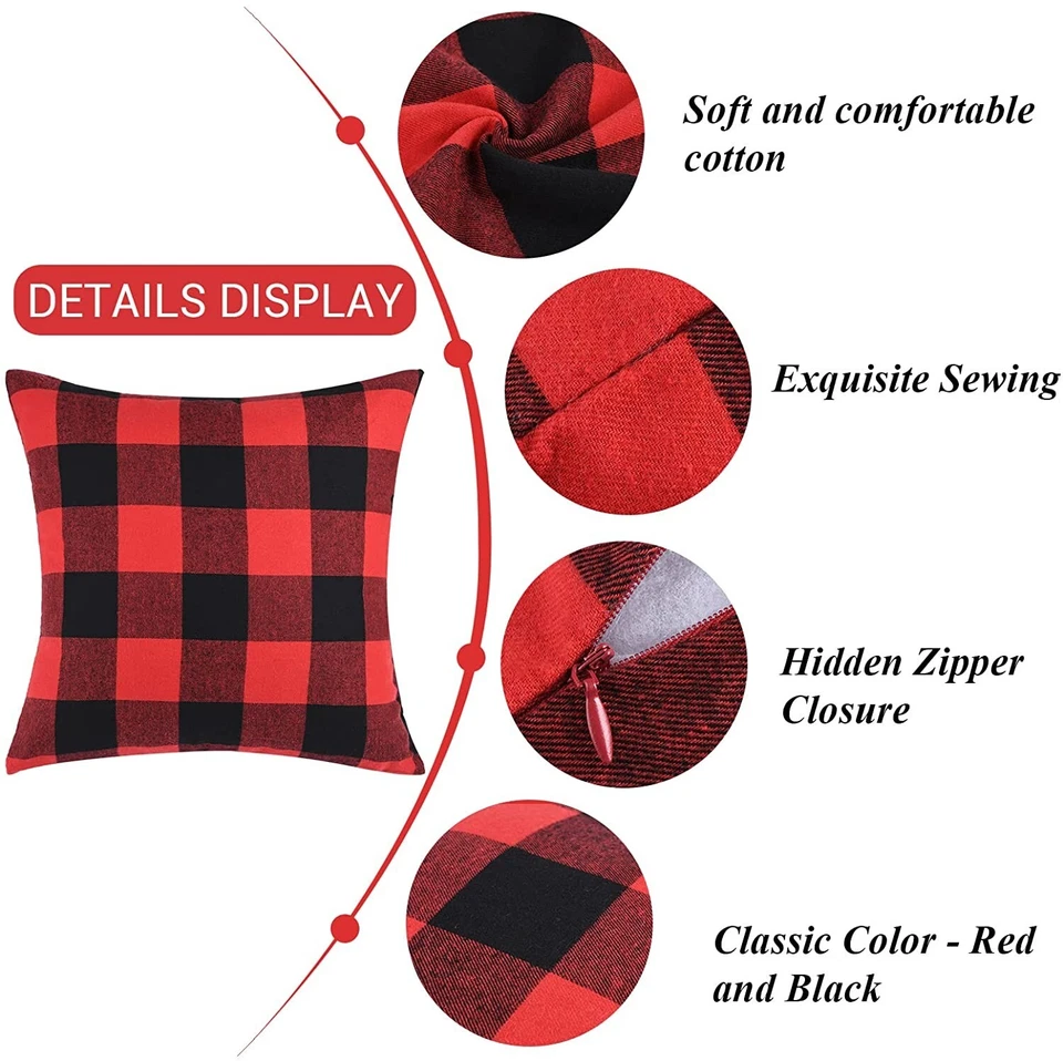 2 peças capas de travesseiro xadrez búfalo de Natal vermelho e preto decoração para casa - Imagem 4 de 4