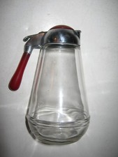 VINTAGE GLASS SYRUP DISPENSER/PITCHER CHROME LID WITH RED TOP AND PLASTIC HANDLE