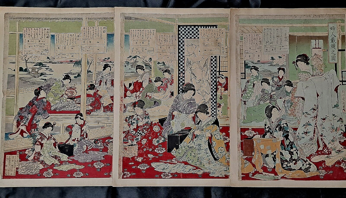 Rare Japanese Color Wood Block Triptych, 1885, Chikanobu, Women