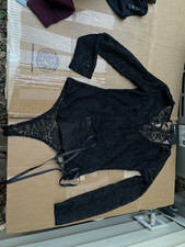 Fashion Nova BLACK Long Sleeve Lace Bodysuit SIZE M