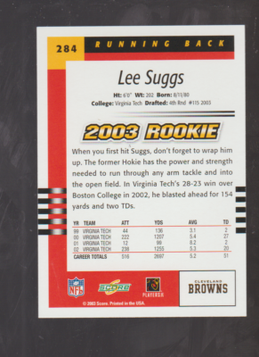 2003 Score #284 Lee Suggs RC, Virginia Tech Hokies | eBay