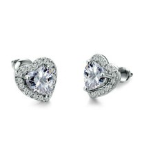 Pretty New Silver Plated Clear White Heart CZ W/ CZ Halo Stud Post Earrings