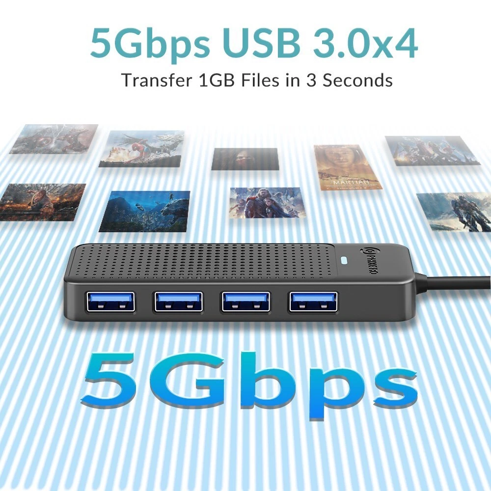 PHIXERO 4-Port USB 3.0 Hub with 5Gbps Super Speed and 3.3ft Cable