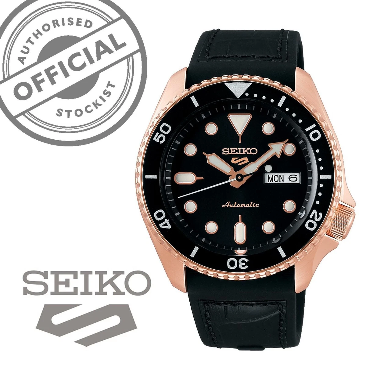 Seiko 5 Sports Rose Gold Black Silicone Strap Auto Men s Watch