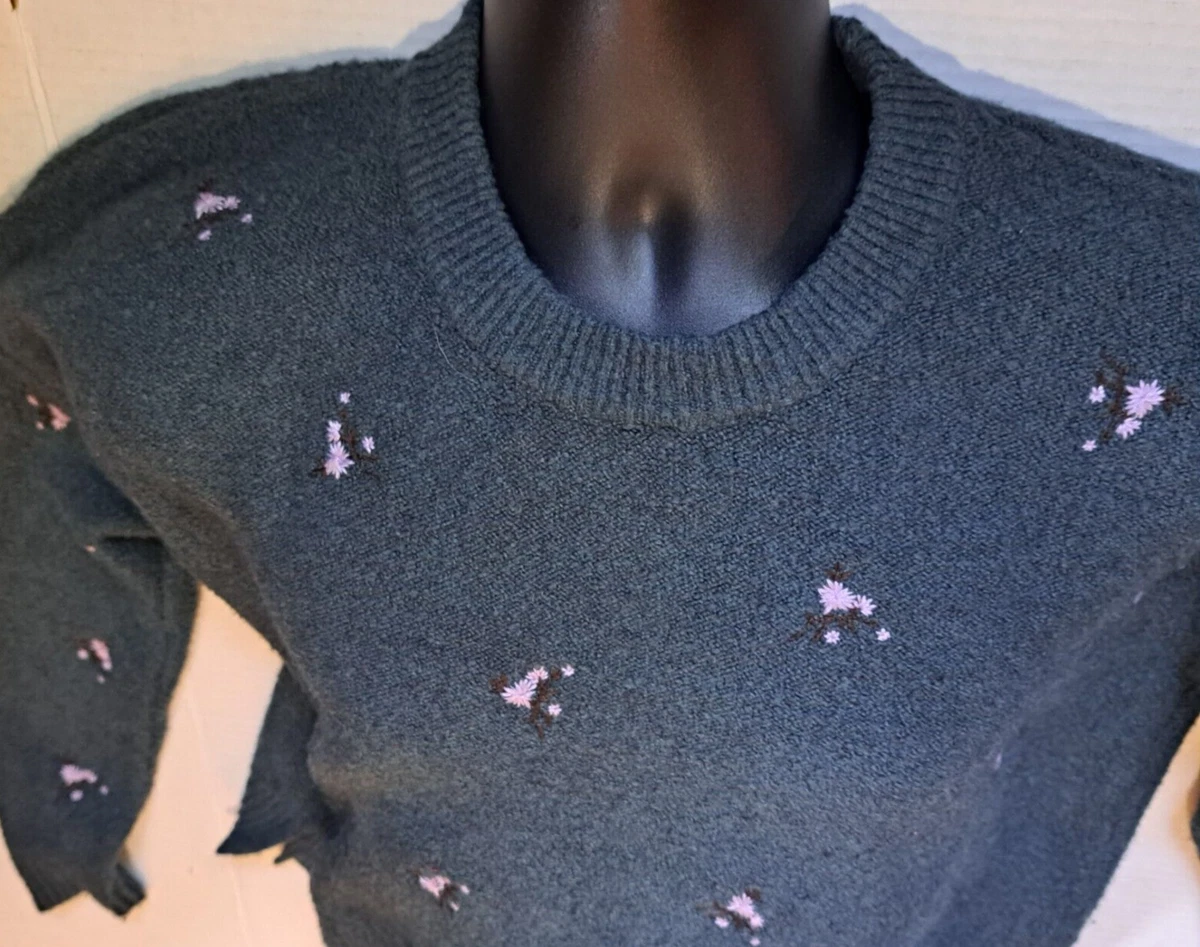 Madewell Embroidered Cross Stitch Floral Pullover Sweater Green