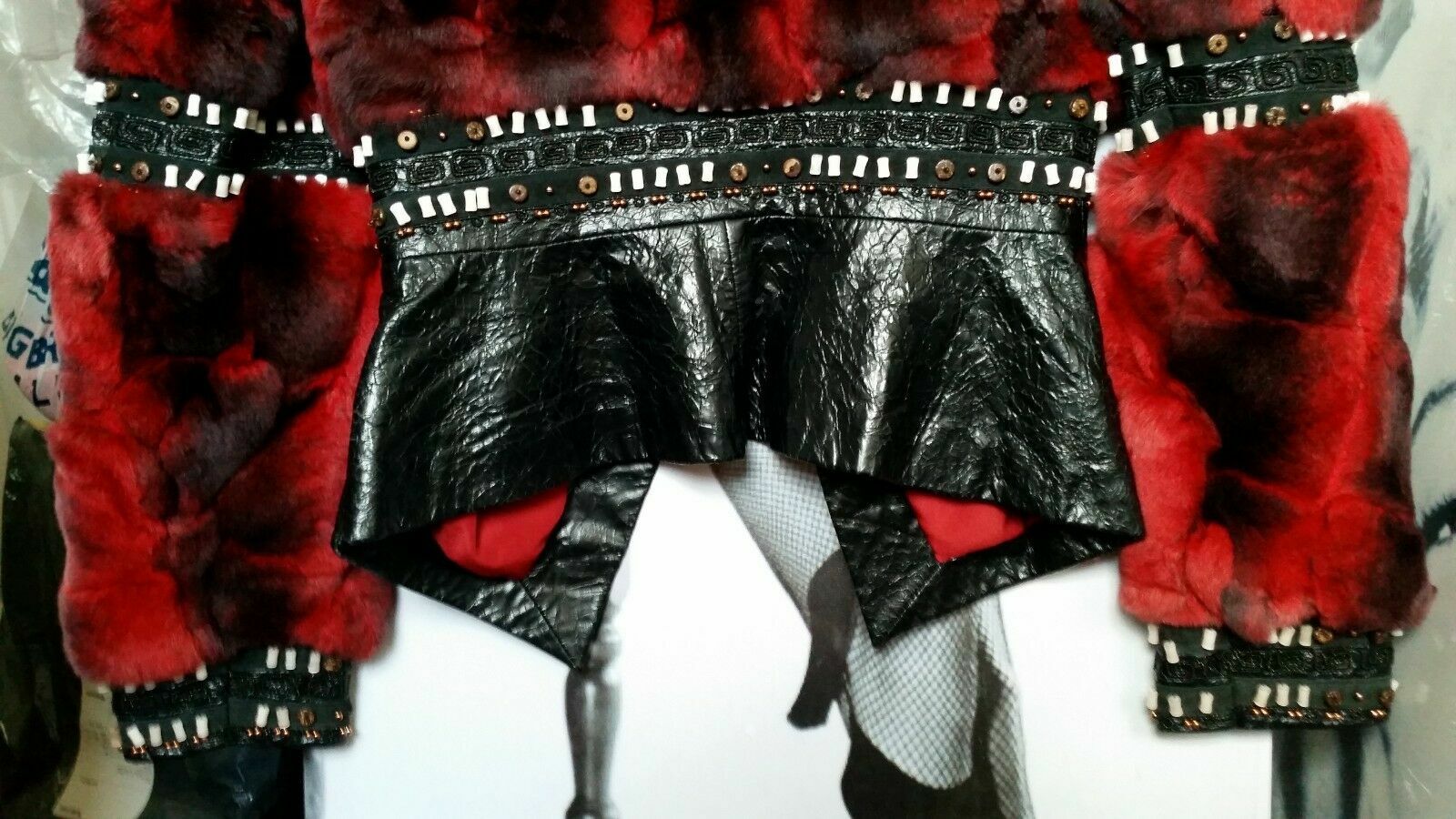 WOMEN FLORENCE MODE BLACK/burgundy JACKET REAL LEATHER  & RABBIT EMBELLISHED S-M image 7