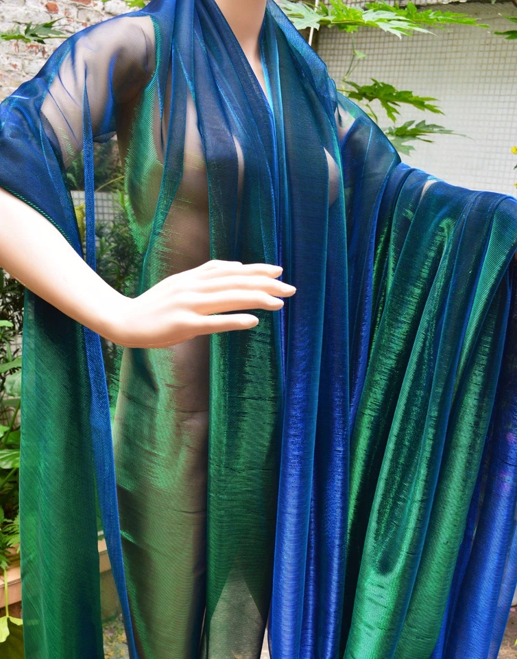 M12 Green Blue Metallic Iridescent 2 Tones Stretch Mesh Net Fabric Material - Image 4 of 4